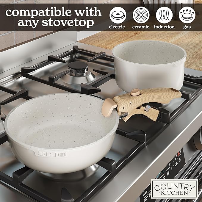 Country Kitchen Cookware Set with Removable Handle, Oven & RV Safe Pots and Pans Set, Cream Gold Speckle Wood Handle, Original - Image 6