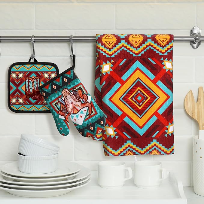 Jingmore 6 Pcs Kitchen Decor Set Accessorie Farmhouse Kitchen Towels Pot Holders Oven Mitts Set 2 Dish Towels 2 Pot Holders 2 Cooking Mittens Oven Glove for Cooking(Retro Color,Western Boho Aztec) - Image 2