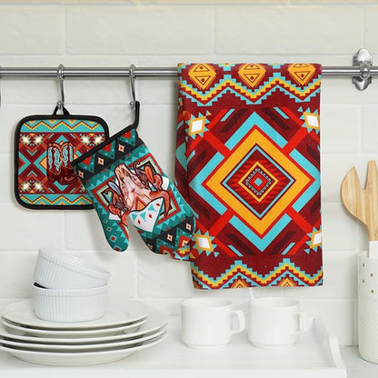 Jingmore 6 Pcs Kitchen Decor Set Accessorie Farmhouse Kitchen Towels Pot Holders Oven Mitts Set 2 Dish Towels 2 Pot Holders 2 Cooking Mittens Oven Glove for Cooking(Retro Color,Western Boho Aztec) - Image 2