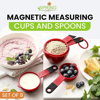 Spring Chef Red Magnetic Measuring Cups and Spoons Set of 9, Stackable Plastic Kitchen Gadget with Easy to Read Markings - Measure Dry or Liquid Ingredients for Baking & Cooking, BPA Free