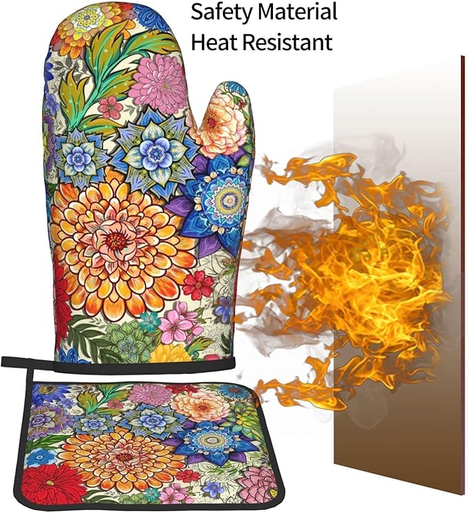 Boho Floral Oven Mitts and Pot Holders Sets of 3, Colorful Flowers Heat Resistant Kitchen Gloves Hot Pads, Chef Baking Gifts for Baker Women Mom Wife, Spring Easter Kitchen Gifts for Cooking Lover - Image 7