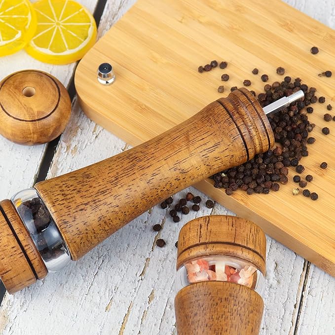 Haomacro Pepper Grinder, Wood Salt and Pepper Mills Set, Classic Manual Spice Grinder Refillable Salt Mill Sets with Acrylic Visible Window Adjustable Ceramic Grinding Rotor 8 inch 2 Pack - Image 2