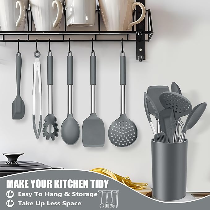 E-far 14 Pieces Silicone Cooking Utensils Set, Kitchen Utensils Set with Holder, Spatula, Ladle, Spoon, Tong, Slotted Turner for Nonstick Cookware, 446°F Heat Resistant & Stainless Steel Handle, Gray - Image 8