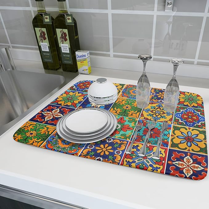 Mexican Tiles Dish Drying Mat for Kitchen Counter Absorbent Microfiber Dish Drying Pad Kitchen Gadgets Multi-use - Image 6