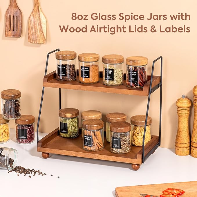 Yangbaga 12Pcs Glass Spice Jars with Labels-8oz Acacia Wood Lid Square Spice Containers,Seasoning Jars for Rack Cabinet Drawer,KitchenPantry Daily Use - Image 4