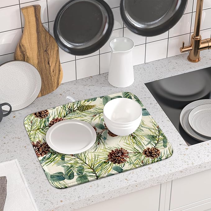 Winter Dish Drying Mat for Kitchen Counter 16x18 Christmas Evergreen Leaves Pinecone Holiday Theme Absorbent Reversible Microfiber Drying Mats Kitchen Countertop Protector Dishes Drainer Pad - Image 6