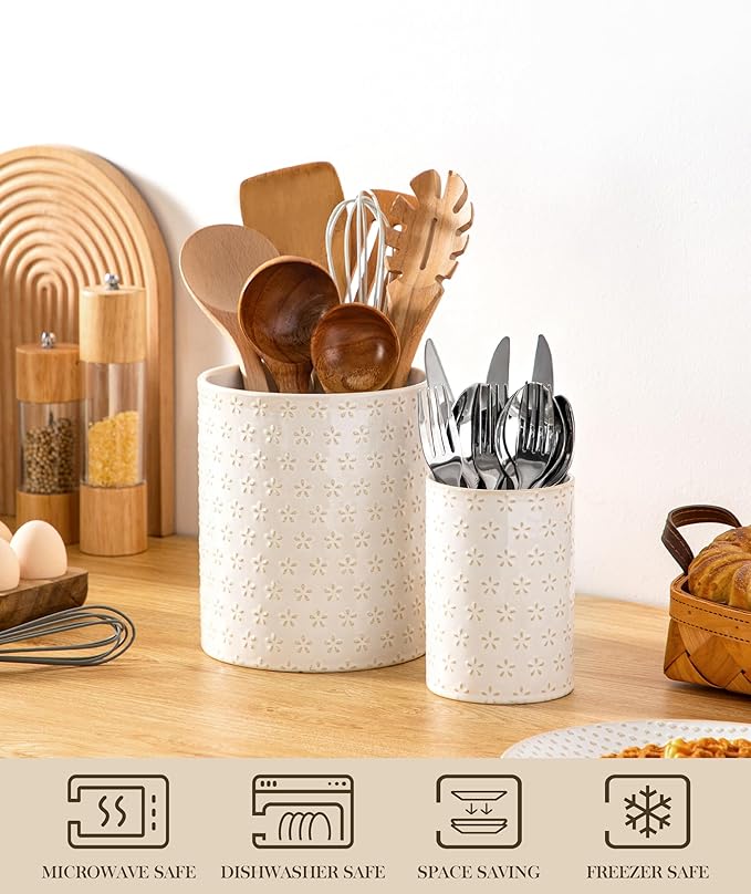 MALACASA LYDIA Ceramic Utensil Holders, 7.3"+5.5" Kitchen Utensil Crock Set for Countertop, Large & Small Utensil Organizers for Cooking Tools, Five-Leaf Grass Pattern - Image 4