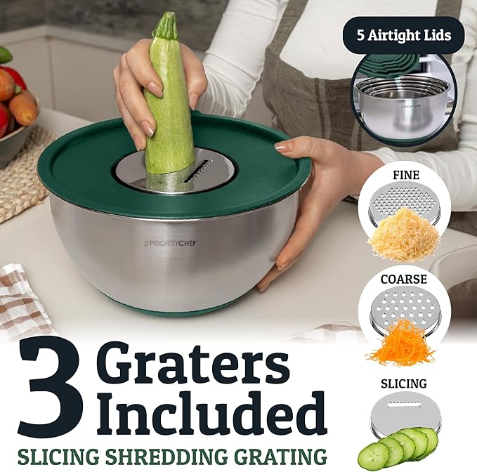 Priority Chef Stainless Steel Mixing Bowls with Lids Set, 3 Grater Attachments, Airtight Lids, Non-Slip Silicone Base Mixing Bowl Set, Large Prep Metal Mixing Bowls for Kitchen, Green - Image 4