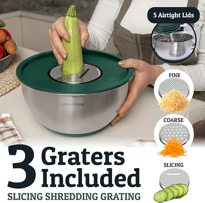 Priority Chef Stainless Steel Mixing Bowls with Lids Set, 3 Grater Attachments, Airtight Lids, Non-Slip Silicone Base Mixing Bowl Set, Large Prep Metal Mixing Bowls for Kitchen, Green - Image 4