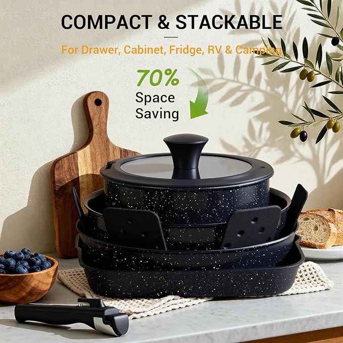 Ammeloo 21 Pcs Pots and Pans Set Non Stick with Detachable Handle & Grill Pan, Induction Ceramic Cookware Set, Non Toxic Kitchen Pots and Pans Set for RVs,Camping, Oven/Dishwasher Safe, Black - Image 5