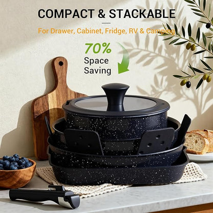 Ammeloo 21 Pcs Pots and Pans Set Non Stick with Detachable Handle & Grill Pan, Induction Ceramic Cookware Set, Non Toxic Kitchen Pots and Pans Set for RVs,Camping, Oven/Dishwasher Safe, Black - Image 5