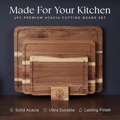 Pre-Oiled, Non Toxic 3-Piece Acacia Cutting Board Set with Stand, FSC Certified Wooden Chopping Boards, Includes 3.4 fl oz Chopping Board Oil, 3 Wood Carving Boards for Home, BBQ Kitchen, Deer & Oak - Image 2