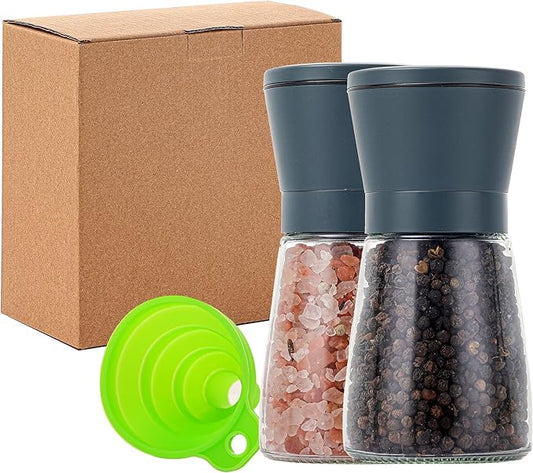 DAVIMADE Stone Blue Salt and Pepper Grinder Set of 2, Refillable & Adjustable Coarseness with Ceramic Blades，Premium Stainless Steel Hand Mills, Bonus Silicone Funnel