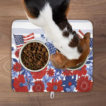 Patriotic Floral Dish Drying Mat for Kitchen Counter 4th of July American Flag Microfiber Dish Drainer Mat Red and Blue Flower Absorbent Washable Drying Pad 16"x18"