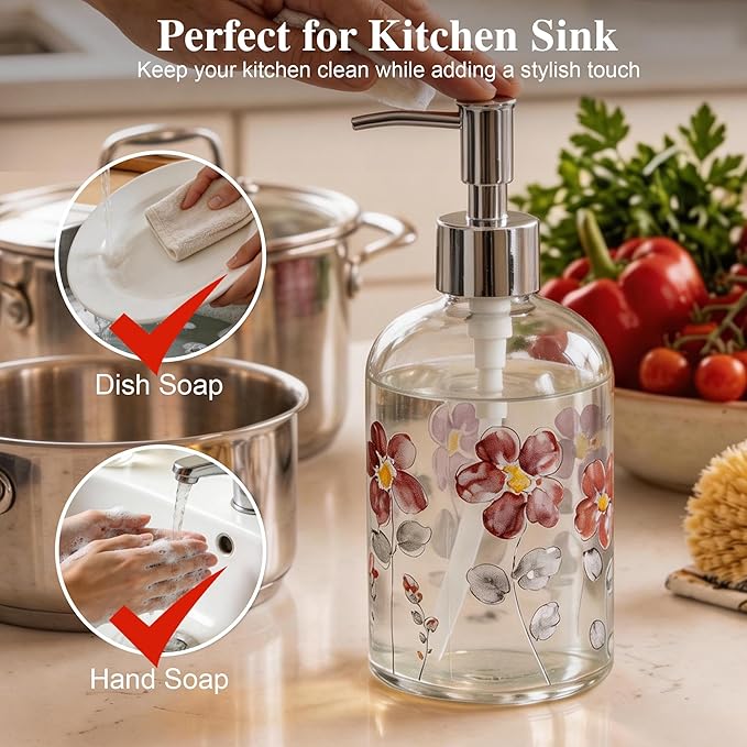 17oz Glass Soap Dispenser with Plastic Pump for Kitchen and Bathroom, Refillable Liquid Clear Bottle for Dish Soap & Hand Soap(Flower)