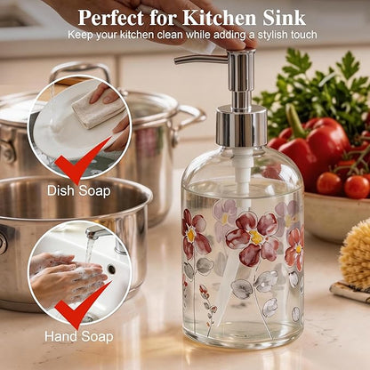 17oz Glass Soap Dispenser with Plastic Pump for Kitchen and Bathroom, Refillable Liquid Clear Bottle for Dish Soap & Hand Soap(Flower)