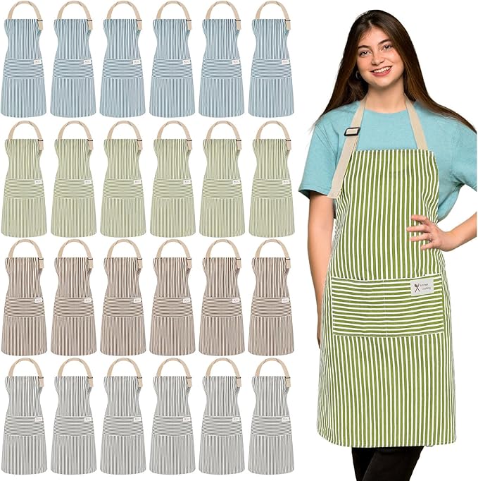 Janmercy 24 Pcs Aprons for Women Men with 2 Pockets Linen Cooking Kitchen Apron Adjustable Bib Chef Apron Bulk Aprons Unisex