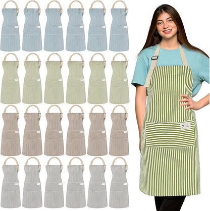 Janmercy 24 Pcs Aprons for Women Men with 2 Pockets Linen Cooking Kitchen Apron Adjustable Bib Chef Apron Bulk Aprons Unisex