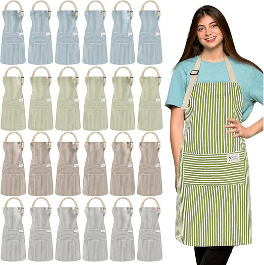 Janmercy 24 Pcs Aprons for Women Men with 2 Pockets Linen Cooking Kitchen Apron Adjustable Bib Chef Apron Bulk Aprons Unisex