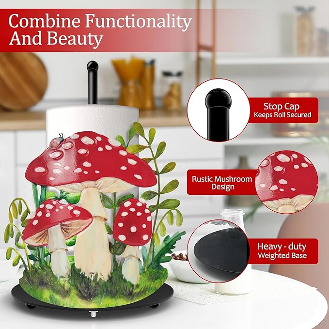 Hexagram Mushroom Paper Towel Holder, Mushroom Kitchen Bar Decor, Cottage Core Decor for Kitchen Bar Bathroom Countertop, Cute Rustic Cottage Housewarming Gifts for Women Men