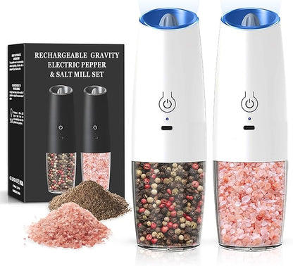 Rechargeable Salt And Pepper Grinder Set with LED Light, Automatic Electric Gravity Salt And Pepper Shakers Set, No Battery Needed, Adjustable Roughness, 2 Pack (White) by Unknown