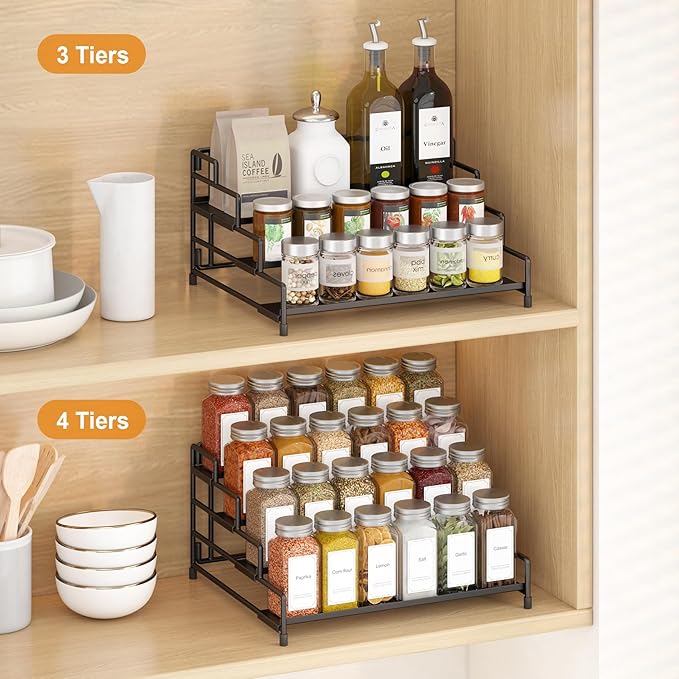 RUILALIFE 4-Tier-Spice-Rack-Organizer-for-Cabinet, Adjustable Depth Spice Holder Shelf For Countertop Pantry Cupboard, Metal Tiered Seasoning Organizer,Display Shelf Riser (Black-1 Pack) - Image 2