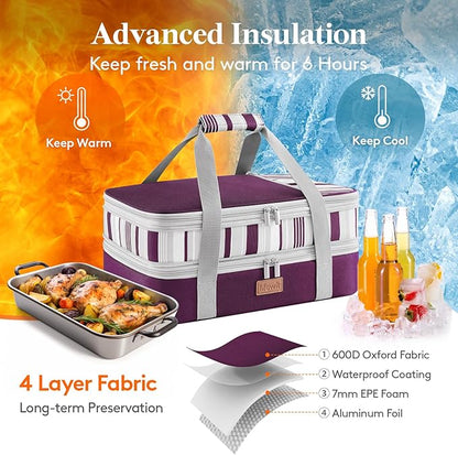 Lifewit Insulated Double Decker Casserole Carrier, Expandable Lasagna Lugger Tote Bag for Hot or Cold Food, Fits 9" x 13" Baking Dish for Potluck Parties, Picnic and Cookouts, Purple