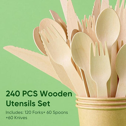 Disposable Wooden Utensils Set, Compostable Utensils, Disposable Cutlery Eco-Friendly Silverware Set for Parties, Catering, Office Lunches-240 PCS (120 Forks, 60 Spoons, 60 Knives)