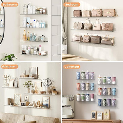 upsimples 6 Pack Acrylic Shelves for Wall Storage, 15" x 4“ Floating Bookshelves for Kids, Display Shelf Organizer for Bathroom, Bedroom, Living Room, Kitchen, Room Decor, Clear - Image 6
