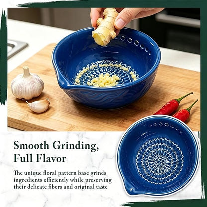 3-in-1 Ceramic Grater Bowl with Herb Stripper, Kitchen Tool for Garlic, Ginger & Vegetables, Easy to Clean Stripping Bowl for Kale, Rosemary, Thyme, and Basil, Dishwasher Safe (Blue)