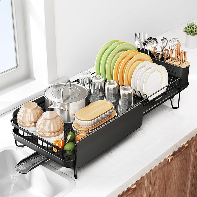 SNTD Dish Drying Rack - Large Dish Racks for Kitchen Counter, Expandable Dish Drainers with Cutlery Holder Stainless Steel Rustproof, Black by SNTD
