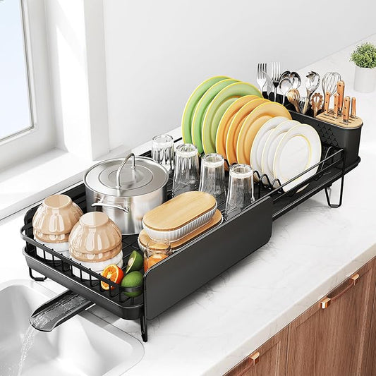 SNTD Dish Drying Rack - Large Dish Racks for Kitchen Counter, Expandable Dish Drainers with Cutlery Holder Stainless Steel Rustproof, Black by SNTD