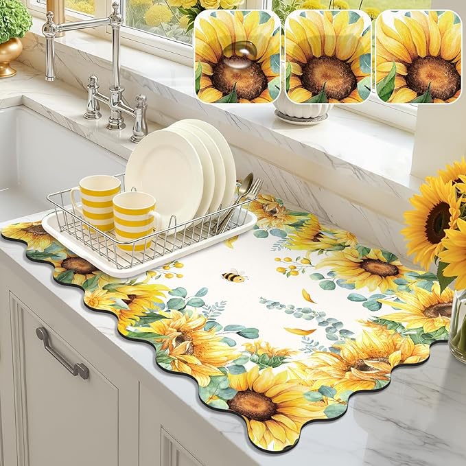 LOKHOM Scalloped Floral Dish Drying Mat, 18"x24" Super Absorbent Coffee Mat with Watercolor Yellow Sunflowers, Cuttable Hide Stain Non-slip Drying Mat for Kitchen Counter Coffee Maker Espresso Machine by LOKHOM