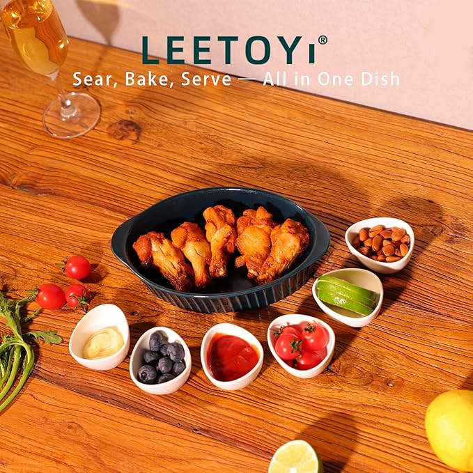 LEETOYI Porcelain Small Oval Au Gratin Pans, Baking Dish Set for 1 or 2 person servings, Bakeware with Double Handle for Kitchen and Home, Set of 2 (Navy) - Image 2