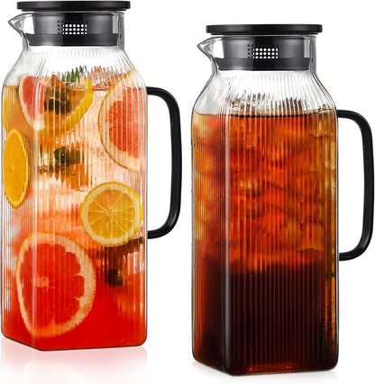 2 Pack 2 Liter/68 oz Square Glass Pitcher with Lid, Classic Stripes Water Pitchers with Handle for Fridge, Large Jug for Iced Tea, Coffee, Borosilicate Glass Carafe for Hot/Cold Brew Drink, Black by Unknown