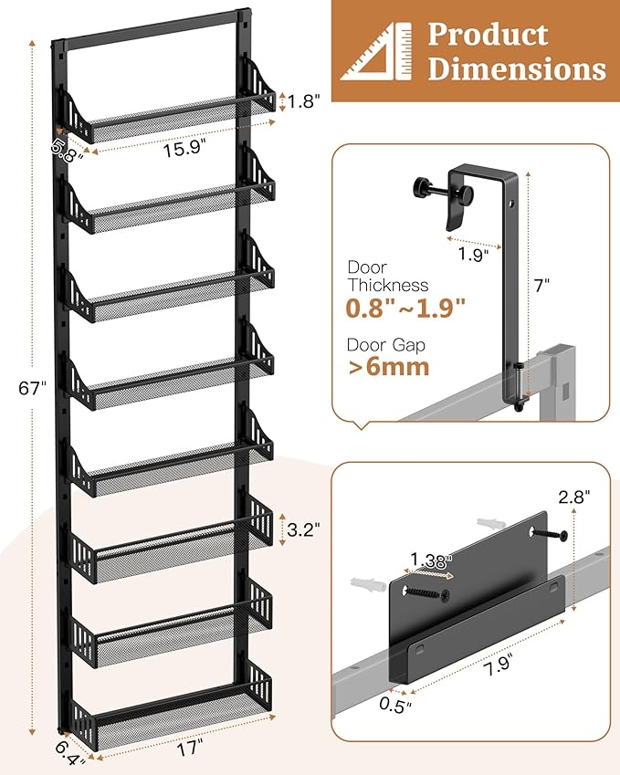POKIPO 8-Tier Over the Door Pantry Organizer, Large Metal Door Spice Rack with Adjustable Basket, 2 in 1 Wall Mount or Hanging Heavy-Duty Pantry Door Storage Shelf for Kitchen and Bathroom, Black - Image 6