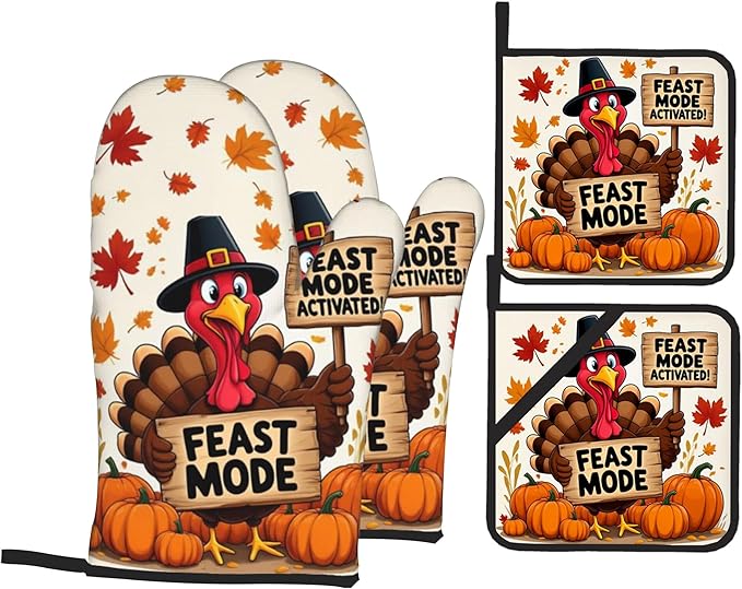 Turkey Oven Mitts with Matching Potholders - Heat Resistant Kitchen Accessories for Baking, Grilling, Cooking, Gifts for Women