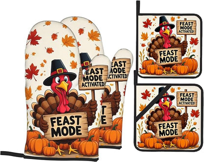 Turkey Oven Mitts with Matching Potholders - Heat Resistant Kitchen Accessories for Baking, Grilling, Cooking, Gifts for Women
