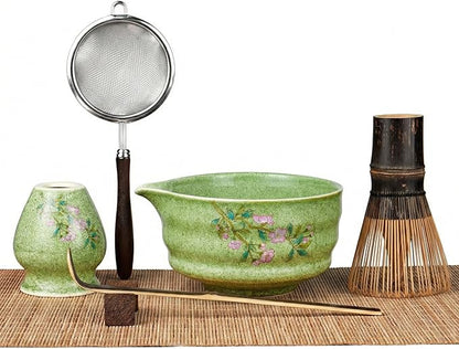 7-Piece Matcha Set with Ceramic Matcha Bowl, Bamboo Whisk (Chasen) & Holder, Sifter, Tea Scoop & Rest, Special Bamboo Tea Mat - Perfect Matcha Kit for Matcha Lovers & Gift Giving, Green