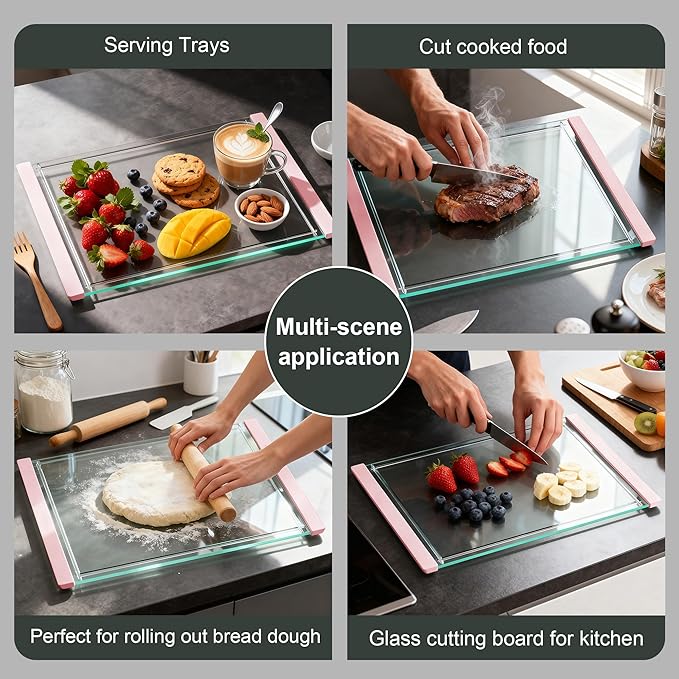 Tempered Glass Cutting Board Set for Kitchen Counter - Dishwasher Safe with Juice Grooves, Non-Slip Silicone Edges & Beveled Grip - 16"x12" & 12"x8" Serving Tray - Pink