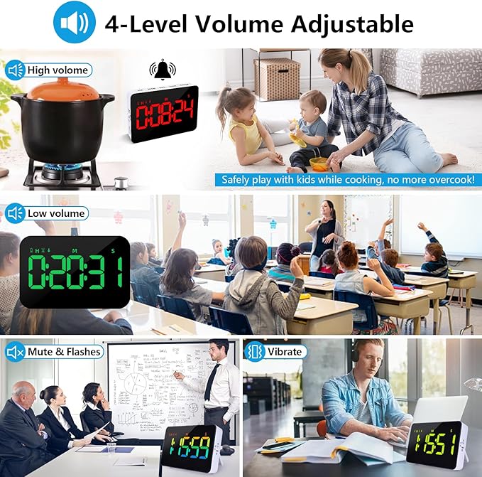 (2 Packs) Rechargeable Timers，Digital Kitchen Timer with 10 Dynamic RGB Color, Magnetic Classroom Timer with Countdown/up with 5”LED Display 3 Brightness 4 Volume Adjustable - Image 5