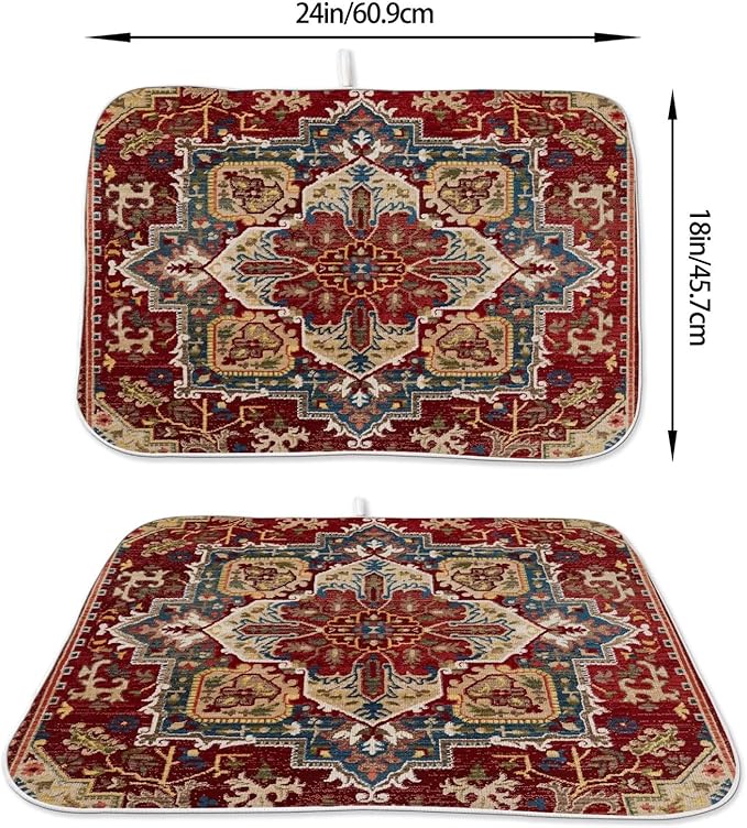 Burgundy Red Dish Drying Mat 18 x 24 inch Bohemian Rug Carpet Decorative Drying Mats Microfiber Absorbent Boho Dish Washable Draining Mat for Kitchen Counter Decor