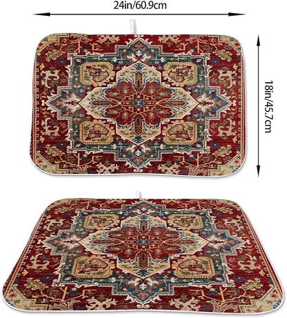 Burgundy Red Dish Drying Mat 18 x 24 inch Bohemian Rug Carpet Decorative Drying Mats Microfiber Absorbent Boho Dish Washable Draining Mat for Kitchen Counter Decor