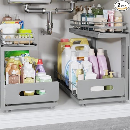 Under Sink Organizer Upgrade To Professional Rails,2-Tier Dual Pull Out Cabinet Storage,Height Adjustable Slide Out Drawers For Bathroom Kitchen,2 Pack-16.7"Dx12.8"-16.9"H,Gun Gray by UnderSinkOrganizer