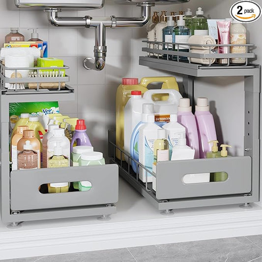 Under Sink Organizer Upgrade To Professional Rails,2-Tier Dual Pull Out Cabinet Storage,Height Adjustable Slide Out Drawers For Bathroom Kitchen,2 Pack-16.7"Dx12.8"-16.9"H,Gun Gray by UnderSinkOrganizer