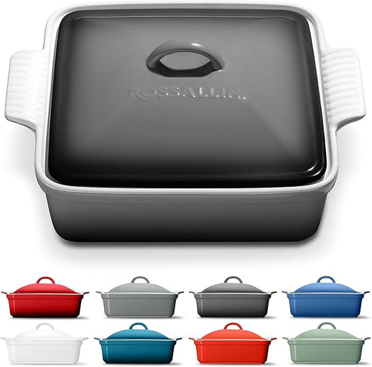 ROSSALLINI Stoneware Casserole Dish Bakeware with Lid | Covered Square Dinnerware | Large 2.5 Quart, [Oyster Grey]