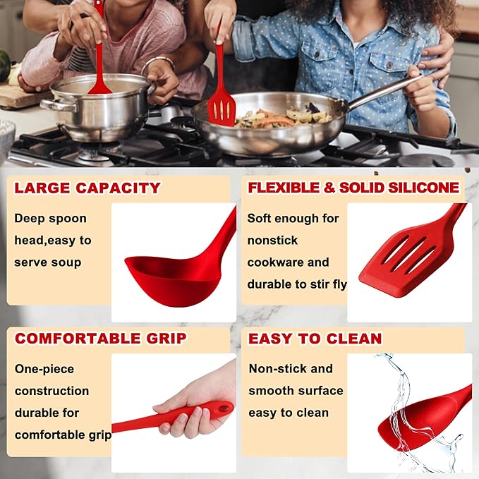 E-far 10 Pieces Silicone Cooking Utensils Set, Heat Resistant Kitchen Utensil Set for Nonstick Cookware, Kitchen Cooking Tools with Spatula, Spoon, Slotted Turner, Non-Toxic & Dishwasher Safe (Red) - Image 4