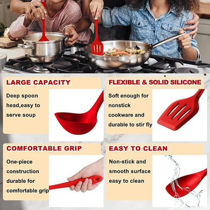 E-far 10 Pieces Silicone Cooking Utensils Set, Heat Resistant Kitchen Utensil Set for Nonstick Cookware, Kitchen Cooking Tools with Spatula, Spoon, Slotted Turner, Non-Toxic & Dishwasher Safe (Red) - Image 4