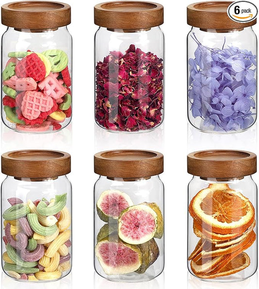 6oz Small Glass Jars with Wood Lid Spice Jar Round Food Storage Canister Clear Glass Containers Jar for Ground Seasoning Pantry Sugar Tea Coffee Bean Spice Herb Cookies(6 * 200ml(6.76oz)) by Patoper