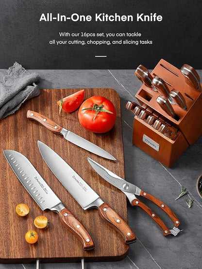 Kitchen Knife Set, 16 Pcs Stainless Steel Kitchen Knife Set with Sharpener & Wooden Block, Knife Block Set with Wood Handle, Chef, Santoku, Bread, Utility, Paring & Carving Fork Knife, Brown
